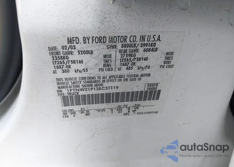 2003 Ford F-250 Lariat/Xl/Xlt z USA, uszkodzony, nr VIN 1FTNW21P13EC31119